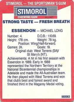 1990 AFL Scanlens Stimorol #30 Michael Long Back
